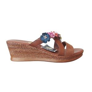 Mariella Floral Wedge Sandals 9 Tan Leather Slip On Boho Made in Italy Summer
